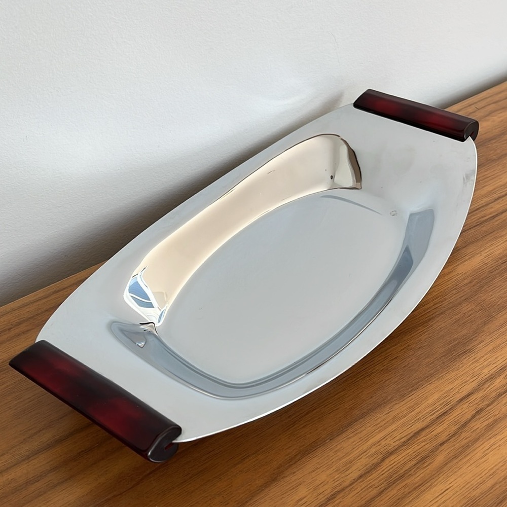 VINTAGE Chrome Flat Bottom Serving Tray with Red Handles Mid-Century 60's